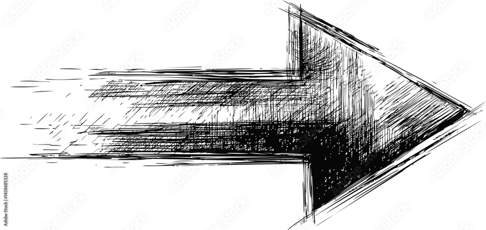 Poster Hand-drawn sketch of a dynamic arrow with motion lines in black and white. Vector illustration