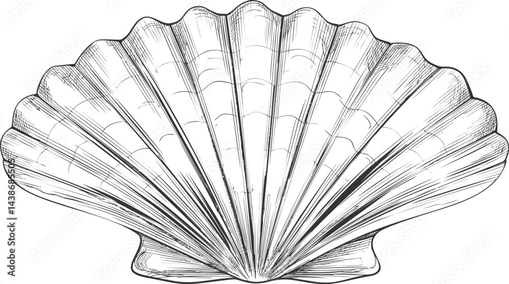 Aufkleber Detailed line art of a scallop seashell with intricate patterns. Vector illustration