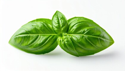 Fototapeta premium Three fresh basil leaves closeup, generative AI image