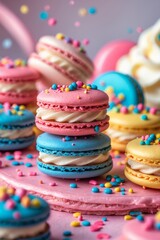 Stos kolorowych makaroników z posypką na rozmytym pastelowym tle