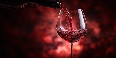 Close-up of glass of red wine being poured. Deep ruby color, swirling liquid, rich aroma, fine dining, elegant experience, luxurious indulgence, sommelier appreciation