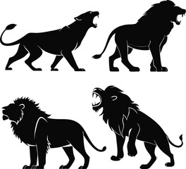 Majestic Lion Silhouettes in Natural Settings on White Background
