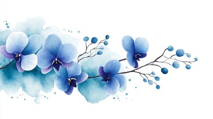 Blue Orchid Watercolor Floral Design - Elegant watercolor painting of blue orchids and berries on a branch, set against a soft teal background. Perfect for invitations, cards, and more