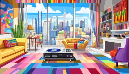 Naklejka premium Pixel art illustration of a vibrant living room overlooking a cityscape, featuring colorful furniture, a record player, and bookshelves.