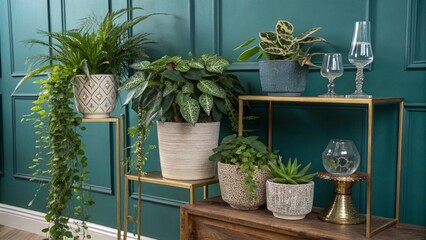 Stylish Home Decor with Green Plants in Geometric Pots on Brass Stands Against Teal Wall