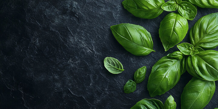 Fresh green basil leaves on dark slate background. Herbal ingredient, organic food, Italian cuisine, culinary aromatic plant, healthy nutrition, farm-to-table cooking, fragrant garnish
