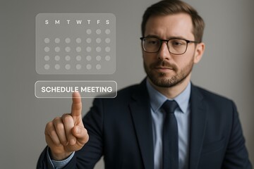 A middle-aged white businessman wearing glasses taps a floating weekly calendar interface labeled “Schedule Meeting.” Concept of efficient time management and professional organization.