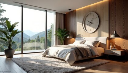 Modern bedroom with plush carpet and floor-to-ceiling windows, elegant, spacious, contemporary