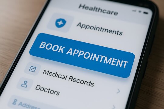 A close-up of a smartphone screen showing a healthcare app with a prominent “Book Appointment” button. Concept of telemedicine scheduling and patient convenience.