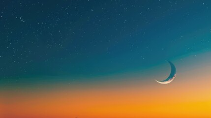 Bright crescent moon in a clear sky at dusk. Landscape of gradient blue and orange with moon. Minimalist landscape photography with gradient colors. Outdoor concept. Twilight sky in evening. AIG51.