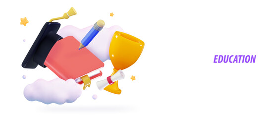 3d Education concept Graduation hat over golden trophy Study learning back to school Study award, achievement in education