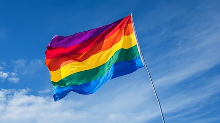 Rainbow pride flag waves in bright sunny sky colorful gay day lgbt blue hope love wind queer image