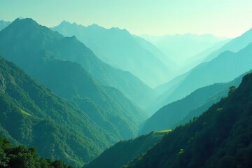 Deep teal, emerald layers; soft, hazy mountain peaks , soft, emerald, wallpaper