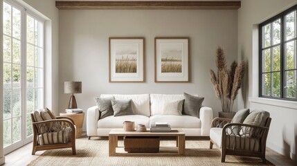 A 3D picture shows a mock-up frame in a farmhouse-style living room.

