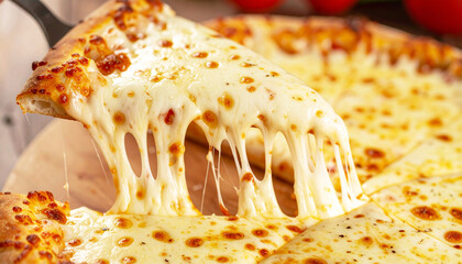 Cheese pizza being lifted from a pizza. AI