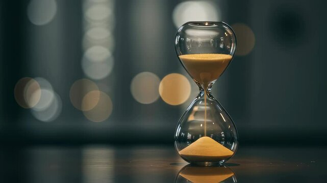 Close up of sand flowing in hourglass timer on table. Time passing, running out countdown clock concept video footage for deadline and business project management.
