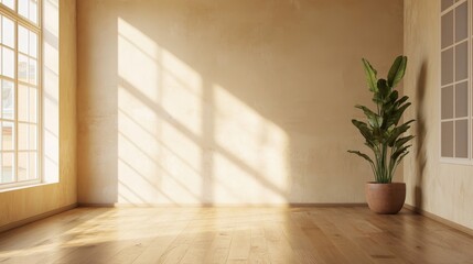 A beige-walled, empty loft apartment.  It has wood floors, a plant, and a window.
