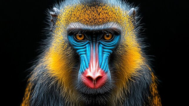 Mandrill portrait, intense gaze, dark background, wildlife photography, animal print