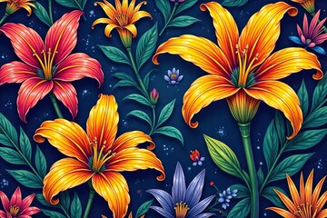 Intricate line art lilies, continuous pattern, black and white pattern, design