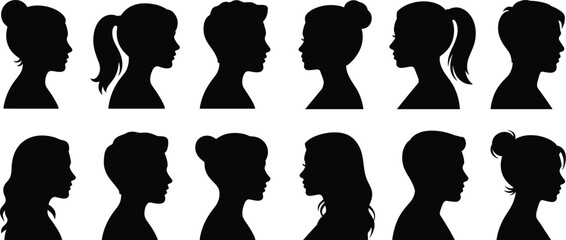 Black Silhouette Set of Female & Male Profiles with Diverse Hairstyles – Vector Illustration