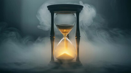 Sand flowing in hourglass surrounded by smoke. Time passing concept with ancient clock. Measurement of time video for history and vintage themes