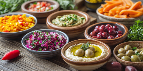 Selection of Middle-Eastern mezze dishes assortment. Hummus, olives, carrots, salad, sauce in small ceramic bowls. Traditional Arabian cuisine. Healthy vegetarian appetizers on wooden background
