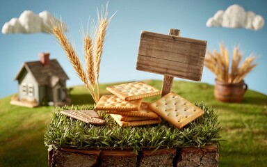 Crackers, Wheat, Wooden Sign, and Miniature House with Blue Sky Background Still life