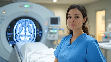 Female doctor in blue scrubs analyzing brain MRI scans at a modern hospital.