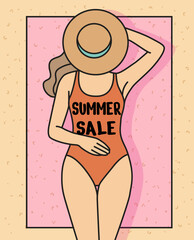 Vector minimalist illustration of a woman take a sunbath on a Beach towel  with a hat. Summer Vibes: Minimalist Beach Relaxation. Poster summer sale. Vector illustration