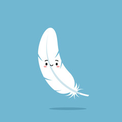White Feather Cute Smiling Cartoon Character on Blue Background Vector Illustration 