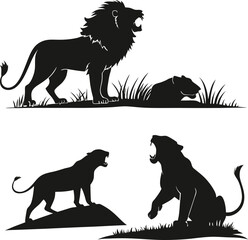 Majestic Lion Silhouettes in Natural Settings on White Background
