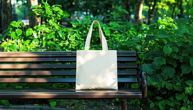 An eco-friendly tote bag with a minimalist design, displayed on a park bench surrounded by greenery - Powered by Adobe