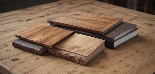 Three book cover mockups, various sizes, rustic wood table,  surface, book cover mockup