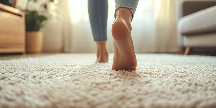 Woman feet walk on soft white carpet in cozy living room. Focus on texture, details, blurred background. Home interior decor, relaxation, comfort, elegance, lifestyle