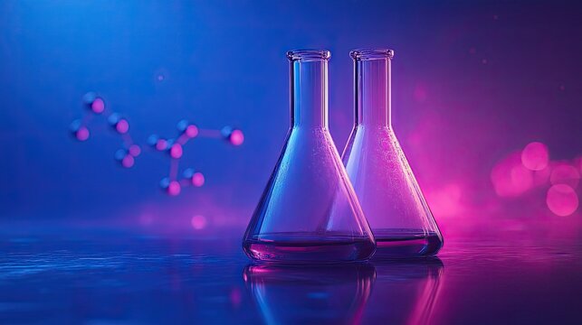Flask beaker vial glassware for specie experimental and educational laboratory with chemical molecular structure blue background.