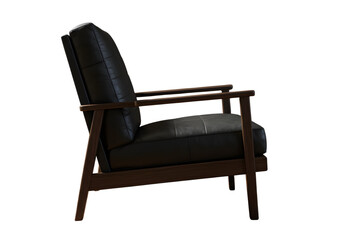 Fototapeta premium Modern Black Leather Armchair Side View Isolated on PNG Background.