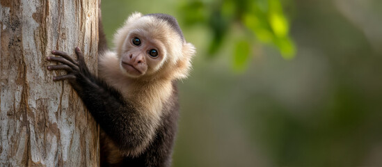 Naklejka premium A Capuchin Monkey climbing a tall tree, its small hands gripping the bark with precision.