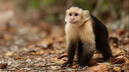 Naklejka premium A Capuchin Monkey crouching on the forest floor, its eyes trained on something in the distance.