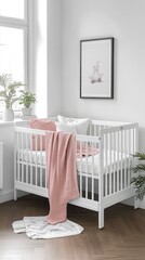 White crib with pink bedding in a minimalist nursery setting. Soft lighting, natural elements.