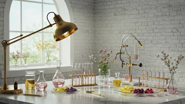 Luxury essential oils and floral petals on marble table. Golden metallic lamp illuminates lab glassware with liquids and flower petals. Cloud dancer color of year 2026