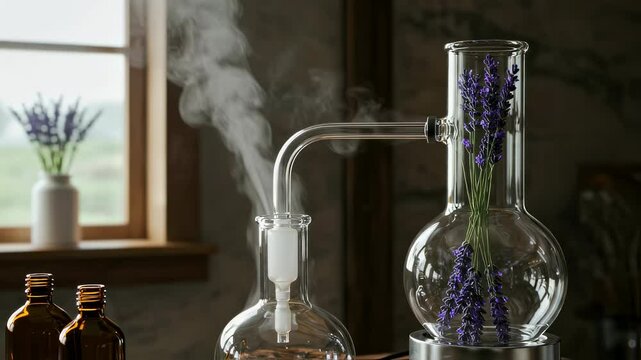 Steam rises from glass beaker during essential oil extraction process with lavender. Close view of aromatherapy distillation video. Herbal remedy and wellness concept motion footage.