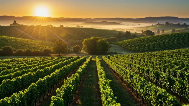 Sunrise over vineyard landscape with fog. Rows of grapevines on rolling hills during golden hour. Natural light and agricultural farm scenery video loop. Rural winemaking and nature motion footage.