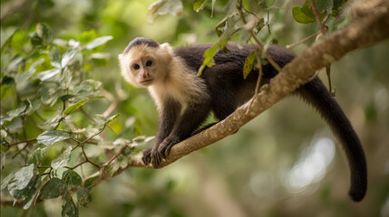 Obraz premium A Capuchin Monkey hanging from a tree branch, with its tail wrapped around the limb, and the jungle in the background.