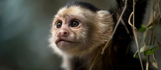 Obraz premium A Capuchin Monkey hanging from a vine, its eyes focused intently on the movement in the distance.