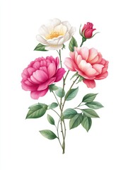 Fototapeta premium Delicate Watercolor Roses and Peonies Vintage Bouquet - A charming vintage aesthetic symbolizing romance, beauty, elegance, nature, and spring. The watercolor painting showcases a delicate bouquet