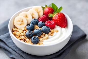 Delicious and Healthy Breakfast Parfait - A vibrant and nutritious breakfast bowl featuring creamy yogurt, crunchy granola, and a medley of fresh berries and banana slices. Symbolizes healthy eating