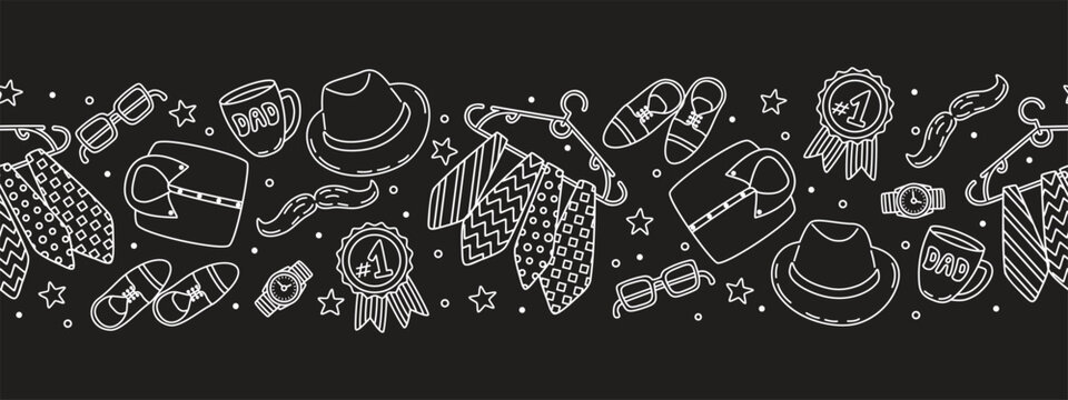 Father's Day Line Art seamless border with men's accessories. Ties on a hanger, medal number one, shoes, hat, glasses, wristwatch, mustache, cup. Vector graphic background with outlines elements. 