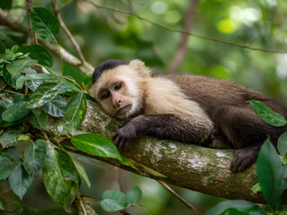 Obraz premium A Capuchin Monkey lying on a branch, lazily observing its surroundings in the dense jungle.