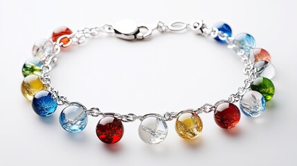 A charm bracelet consisting of miniature globe-shaped charms made of glass and silver