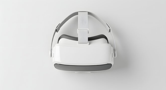 Top-down view of a sleek white VR headset with adjustable straps, placed on a white background.